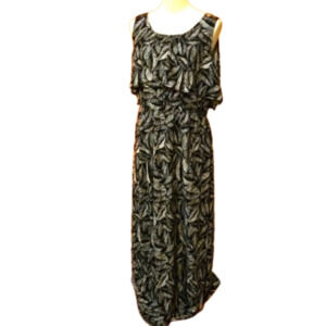 Merona Black & White Leaf Print Maxi Dress with Flounce Top Women Size XL
